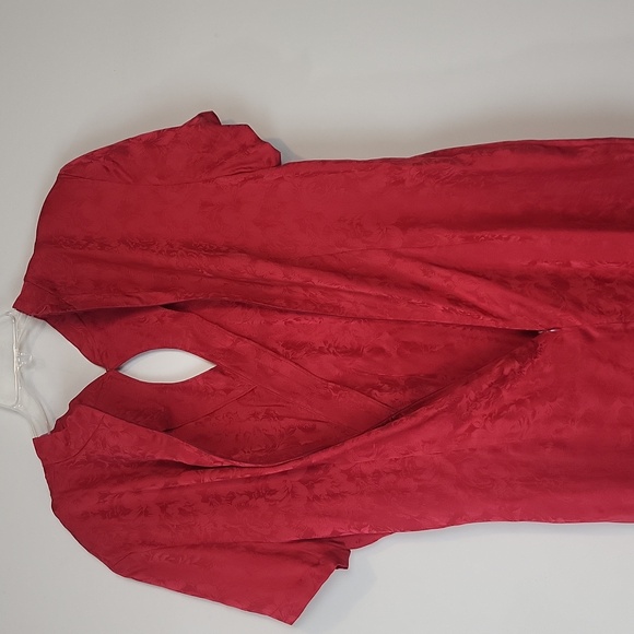 Vtg STYLEWORKS Red Floral Silk Japanese Inspired Keyhole Waist Tie Midi Dress - Picture 7 of 14